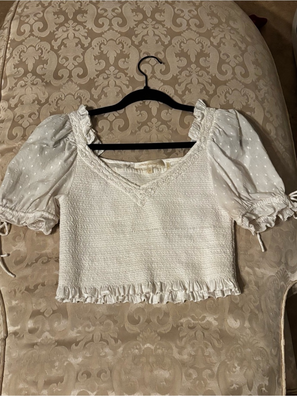 LoveShackFancy White Smocked Puff-Sleeve Crop Top